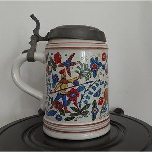 Vintage Colorful Rein Zinn 6' Stein  with Pewter lid Pennsylvania Dutch Hunting